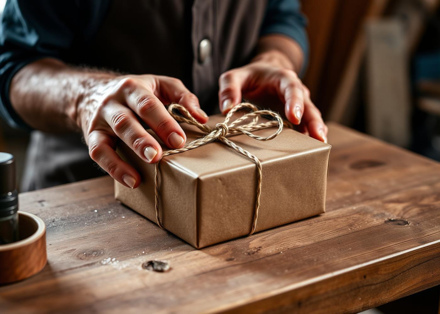 Hand-wrapping a corporate gift in kraft paper and twine
